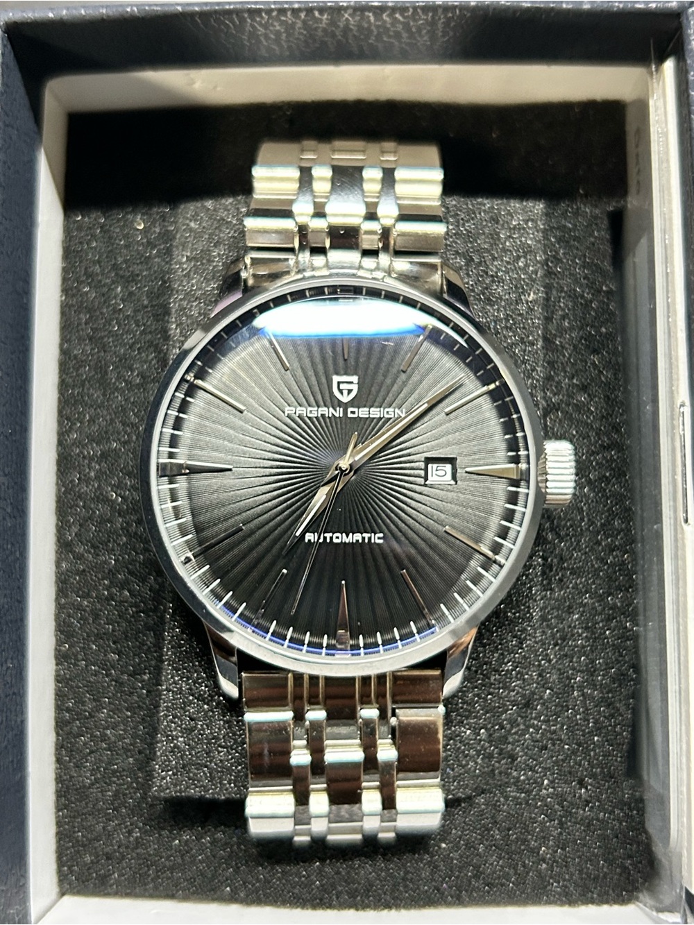 Pagani Design Men's Silver Automatic Watch with Black Sunburst Dial 43mm